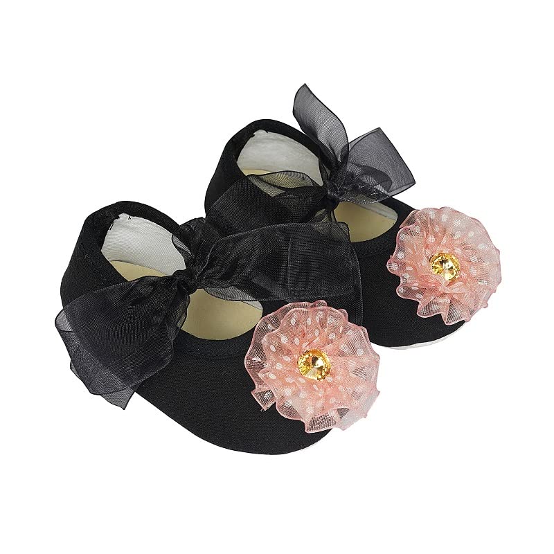 rsmart Infant New Baby Toddlers Boys and Girls Cotton Black Sandal Ribbon Booties With Pink Flower Patch [RSM_23]-picture-18