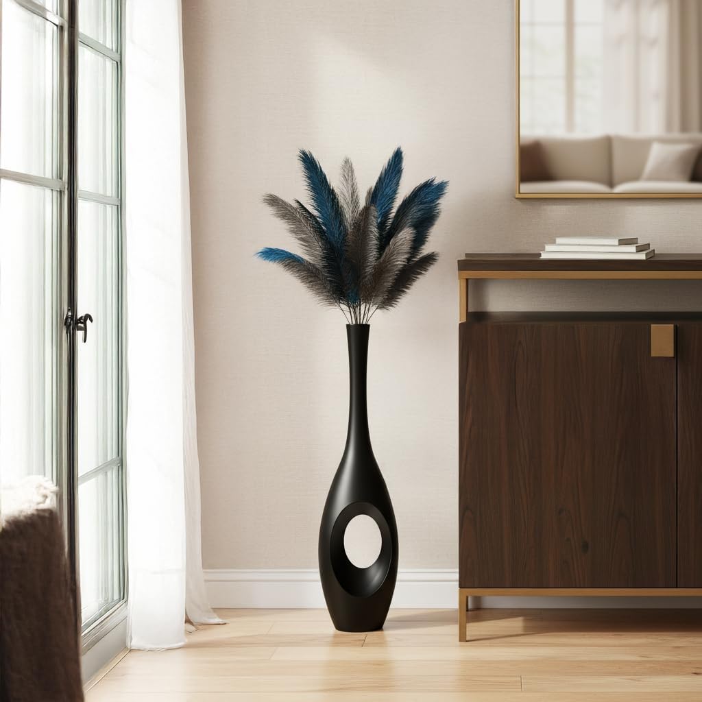 23.6" Black Floor Vase – Donut-Shaped Oval Body with Slim 3cm Neck, Modern Tall Decorative Vases for Living Room, Entryway, Office Decor – Resin Tall Floor Vase