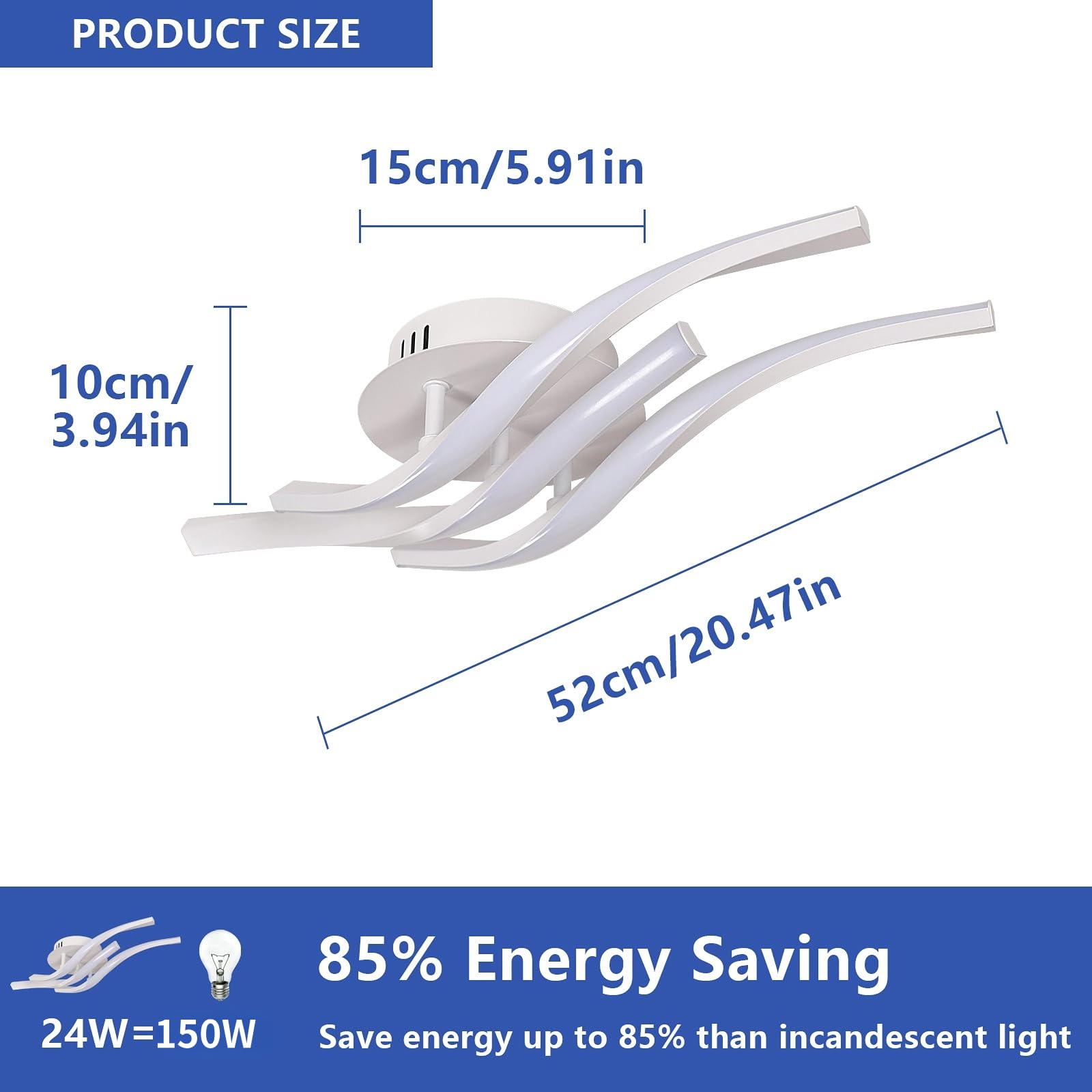 Comely Plafoniera LED Soffitto, 24W 2700LM Alluminio Lampadario Moderna con 3 Luci Curve, Luci a LED per Soggiorno, Cucina, Corridoio,Camera da Letto Luce Bianca Fredda 6500K, Lunghezza 52cm