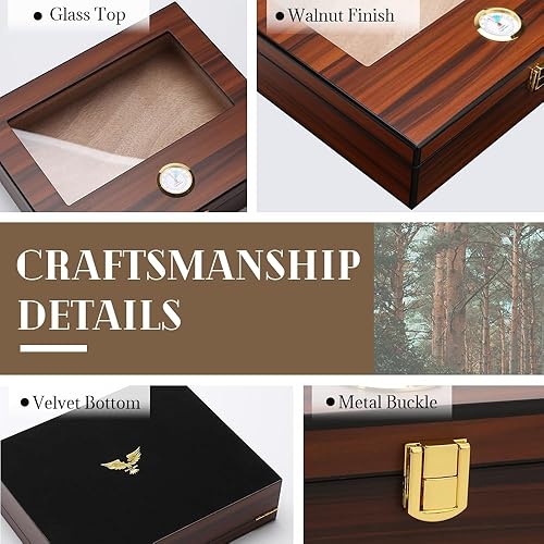 Miniatura 5 de Bald Eagle Humidor de puros, caja superior de vidrio con higrómetro humidificador, caja de madera de cedro de escritorio hecha a mano con capacidad