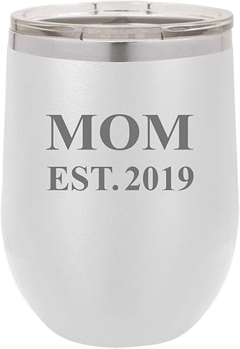 Miniatura 6 de Mom Established Est. 2019 - Vaso de vino de doble pared de acero inoxidable grabado de 12 onzas con tapa de plástico transparente, color morado
