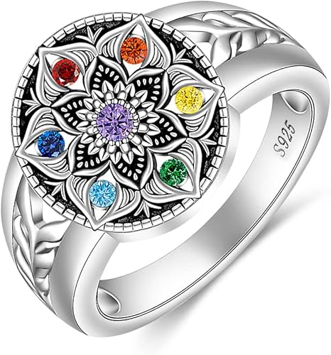 Anillo de mandala chakra, anillos de yoga y flor de loto para mujer, plata de ley, cristal curativo de 7 chakras, joyería de regalo