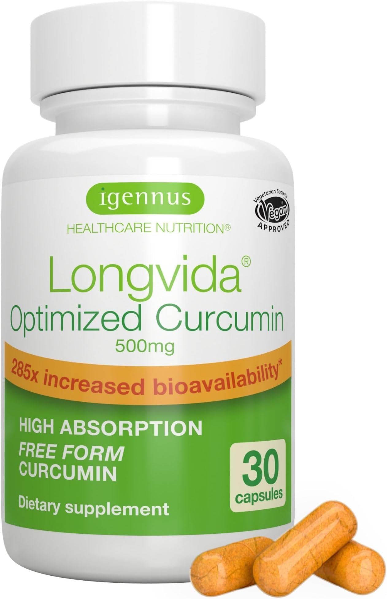 Longvida Lipidated Curcumin 500mg, Ultra Bioavailable & Sustained Action, 65x Higher Plasma Levels, Intensive Support, Free-Form Curcumin, Vegan, 30 Capsules,
