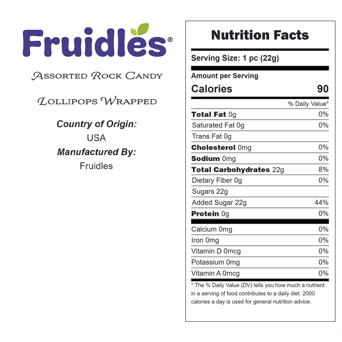 Fruidles Rock Candy Lollipops Pops Suckers, Variety Color Assortment, Individually Wrapped, 6.5" (24-Pack)