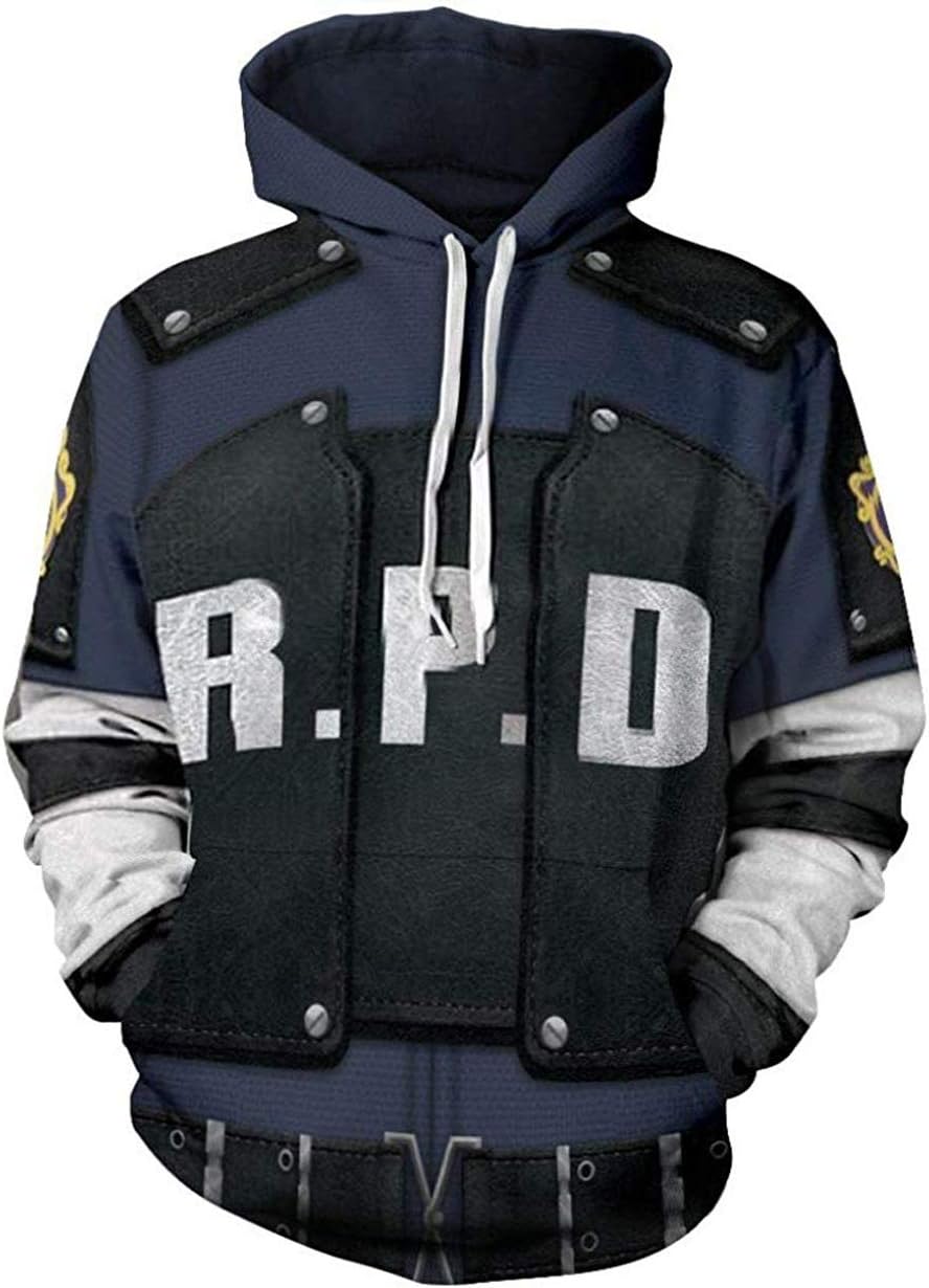 Leon Jacket Hoodie 3D Printed RPD Zip Up Hooded Pullover Sweatshirt Halloween Cosplay Costume (XX-Large, Navy Blue)