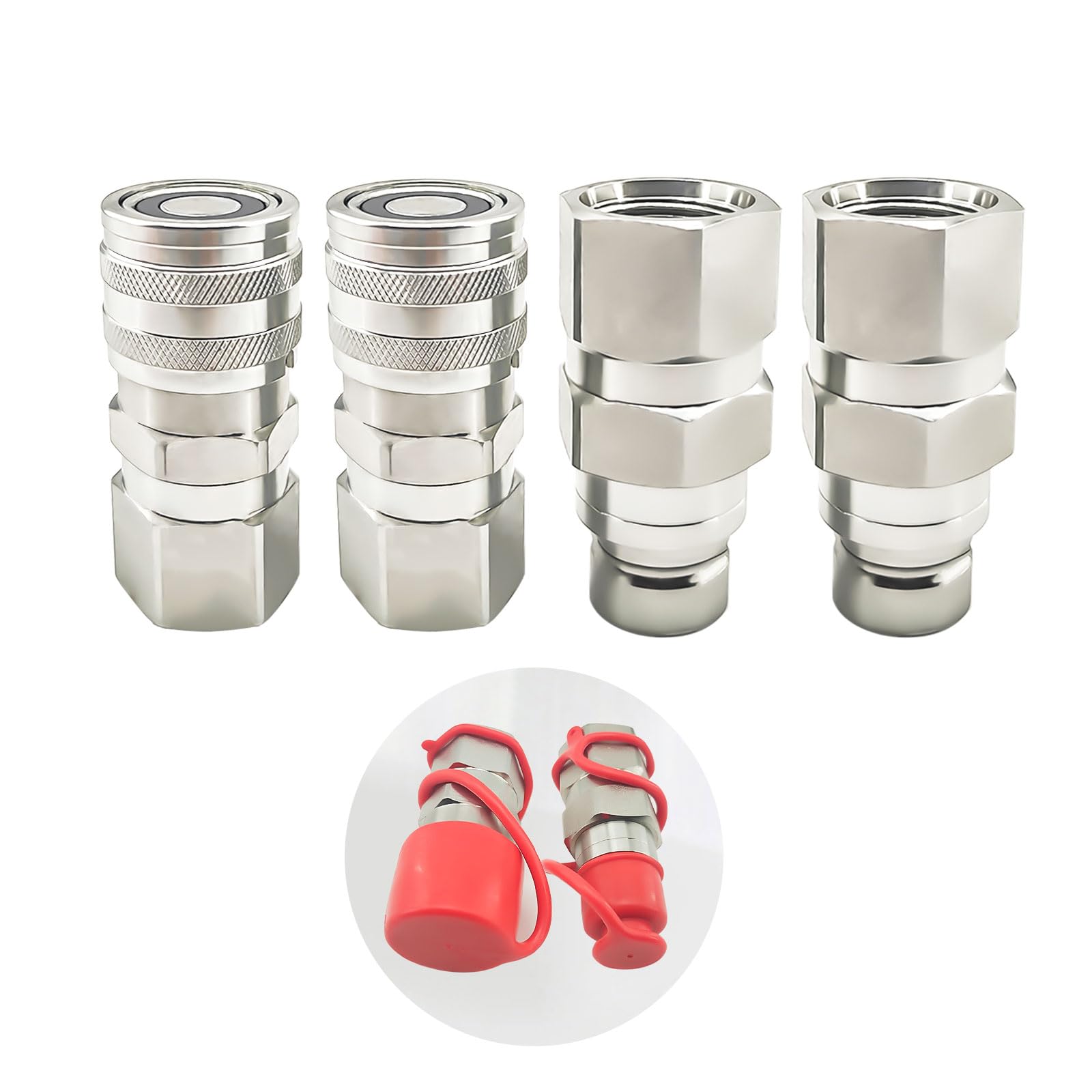 Juego de acopladores hidráulicos de conexión rápida de cara plana para minicargador, 4 accesorios de acoplamiento de acero al carbono resistentes con cuerpo de 1/2 pulgada, rosca SAE de 3/4 pulgadas y