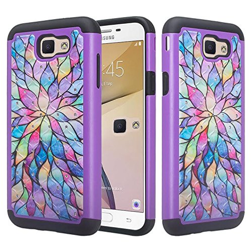 Galaxy J7 V Case, Galaxy J7 2017, Galaxy J7 Prime Case, Galaxy J7 Perx, Galaxy J7 Sky Pro Case Diamond Silicone Hybrid Dual Layer Defender Protective Case Cover for Galaxy Halo - Rainbow Flower