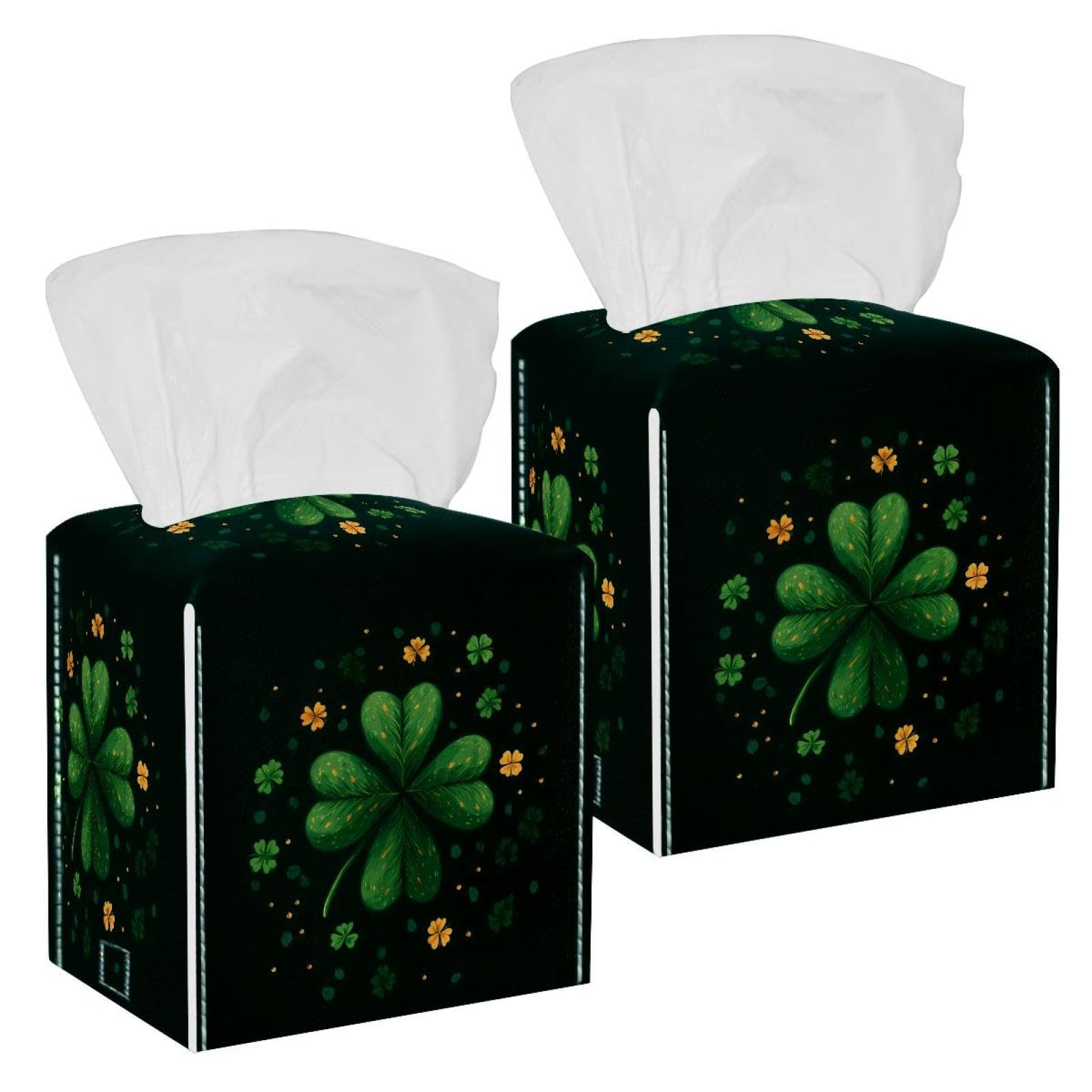 Cute Clover Tissue Box Cover, 2 Pack PU Leather Square Facial Tissue Dispenser Box holder for Home Office Car