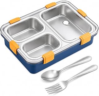 Misamo Enterprise Stainless Steel Lunch Box for Kids & Adults, 3 Compartment Lunch Box, Leak Resistant Food Grade Tiffin Box with Spoon & Fork, BPA Free (Blue)