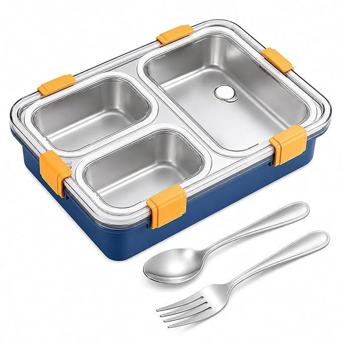 Misamo Enterprise Stainless Steel Lunch Box for Kids & Adults, 3 Compartment Lunch Box, Leak Resistant Food Grade Tiffin Box with Spoon & Fork, BPA Free (Blue)