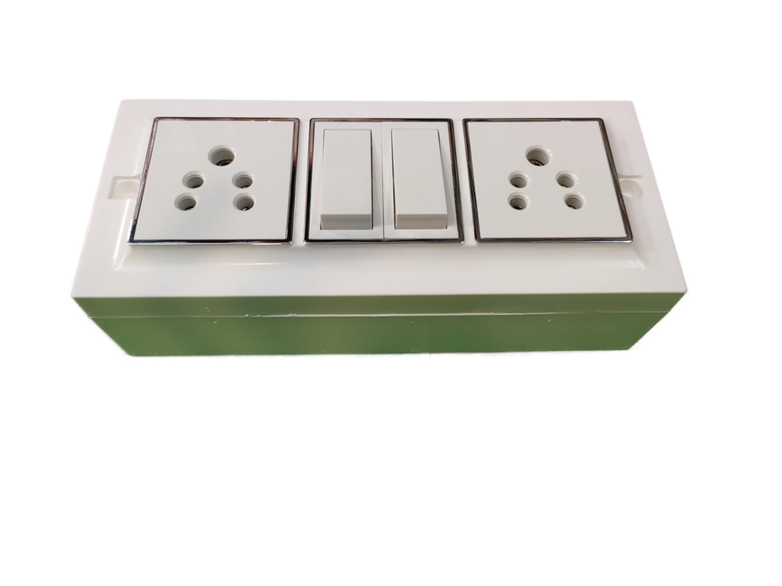 DCM Plug IN High Durability Plastic Modular Surface Gang Box Module 6 with 2 switch & socket || 6A high voltage resistivity for home,office ||white + silver border (pack of 1)