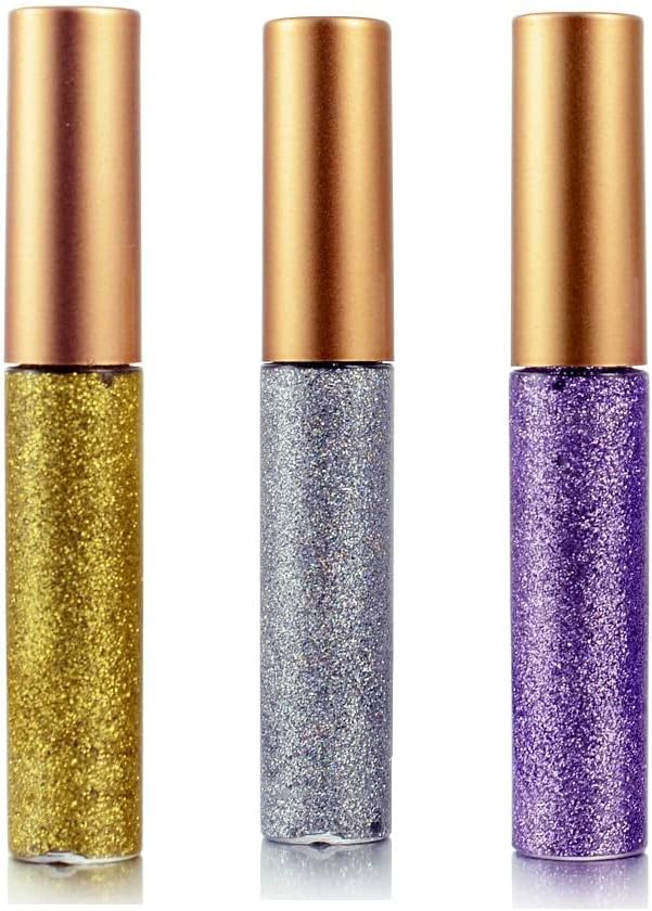 Eyeliner Glitter Liquid Eyeshadow 3 Color Metallic Glitter Sparkling Eyeliner Face Eye Cosmetic Glow Shimmer Makeup Glitter Eyeshadow Liquid Long Lasting Eye Shadow Gold,Silver and Purple