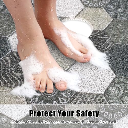 Image of Square Shower Mat Non Slip: 27x27 Inch Extra Large Shower Floor Mat with Drain Hole in Middle - Soft PVC Loofah Bath Mat for Shower - Anti Slip Shower Stall Mat for Elderly and Kids