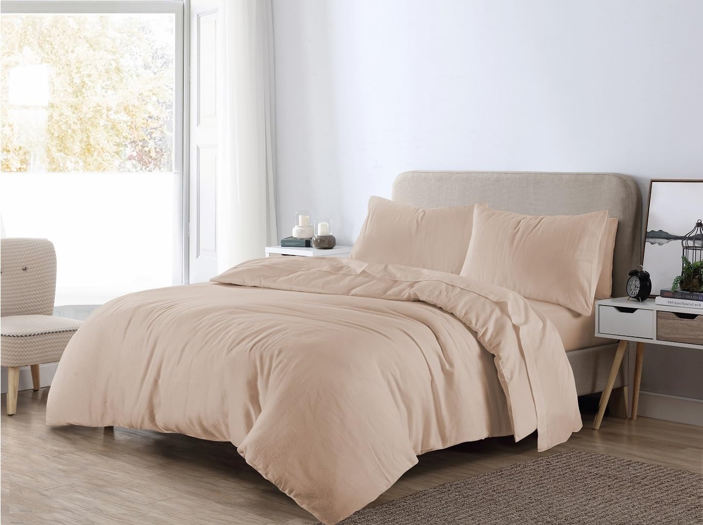 Thermal Flannelette Duvet Quilt Set with Matching Pillowcase - 100% Brushed Cotton Quilt Covers for Single, Double, King, Super King Bed Size Duvet Cover (Latte, Single)