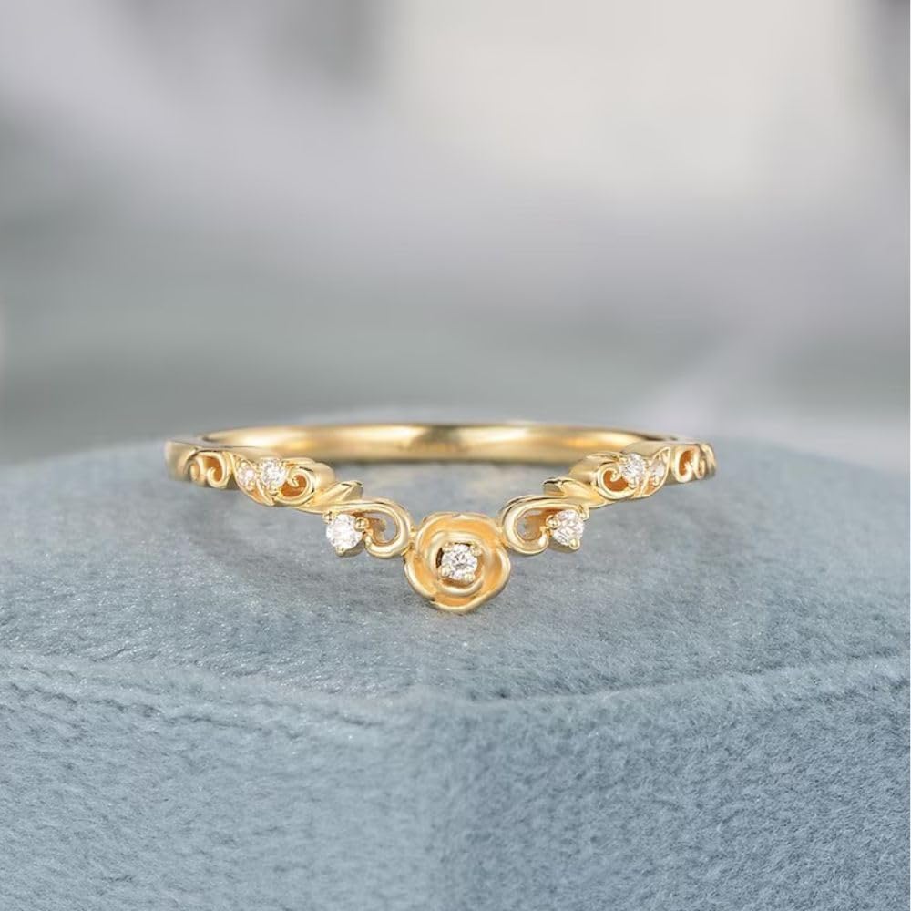 Silvart Victorian Floral Leaf Engraving Wedding Band Natural Inspired Vine Curved Flower Ring Matching Band Custom Birthstone Ring Women 14K Yellow Gold Plated 925 Sterling Silver Women Jewelry