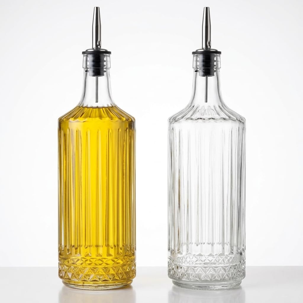 Deconox 2'li Pure Model Şeffaf Cam Yağdanlık Seti - Optikli (Çizgili) Tasarım, Paslanmaz Akıtmaz Uçlu Yağ ve Sirke Şişesi (750 ml x 2 Adet)