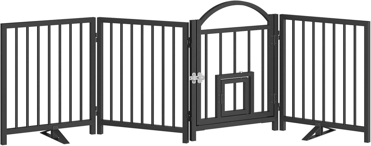 HOOBRO 4 Panel Freestanding Dog Gate with Door, Black BK76PP03