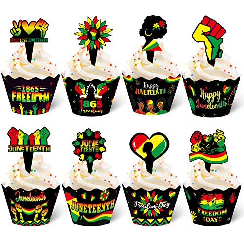 Mumufy 96 Pieces Juneteenth Cupcake Toppers Wrappers Happy Juneteenth Cupcake Decorations Freedom Independence Day Cake Topper Wrappers for Black History Month Freedom Day Party Decorations Supplies