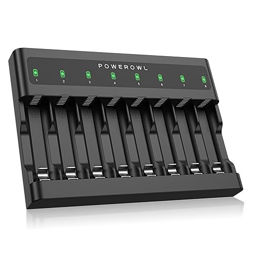 POWEROWL AA AAA Battery Charger 8 Bay, Independent Slot, USB Fast Charging for Ni-MH Ni-CD Rechargeable Batteries - Ultra-thin
