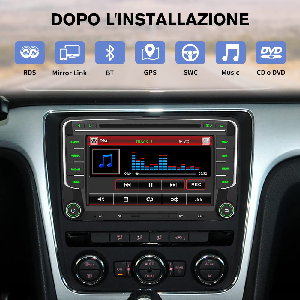 AWESAFE Wince 6.0 Autoradio 2 Din per VW Volkswagen Golf 5 6 Polo Passat Skoda Seat Tiguan, 7 Pollici con GPS Navigatore Car Radio Supporta la funzione Comandi al volante BT CD DVD SD USB RDS