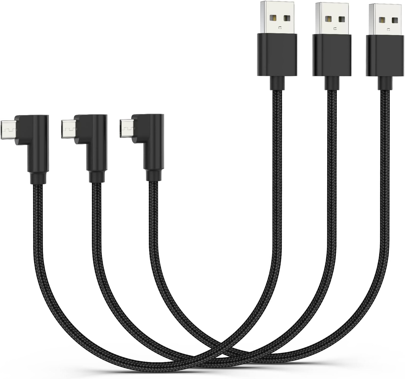 1Ft Right Angle Micro USB Cable 3Pack, Short USB A to Micro B Cord 90 Degree, High Speed Sync Durable Nylon Braided Android USB 2.0 Fast Charging Cable for Samsung S7 Note, Kindle, LG, Power Bank, PS4
