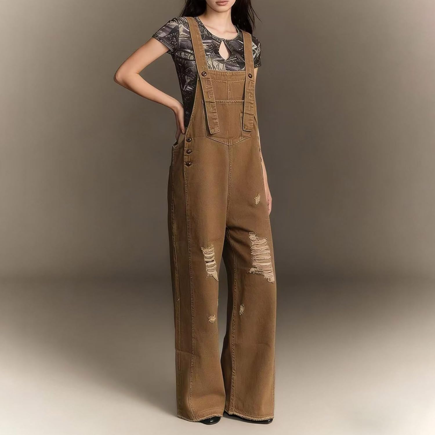 Womens Distressed Wide Leg Denim Overalls Ripped Adjustable Straps Jean Jumpsuits Baggy Vintage Street Outfits 2026