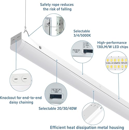 Miniatura 5 de Lámparas lineales LED de 4 pies 403020 W, iluminación de tienda de 4 pies 345000 K ajustable, tira de luces LED lineales comerciales para oficina,