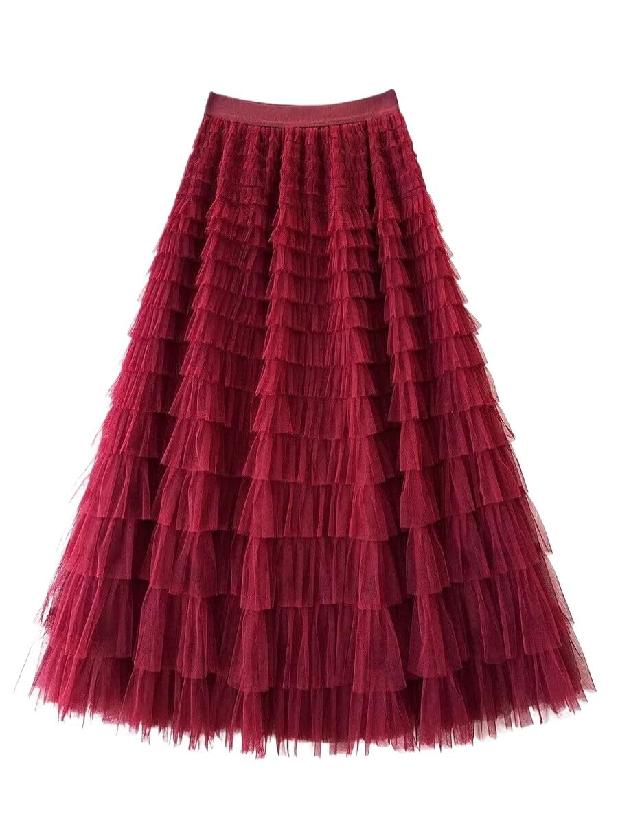 Falda larga de malla con volantes para mujer, cintura alta, primavera, verano, fiesta, mujer