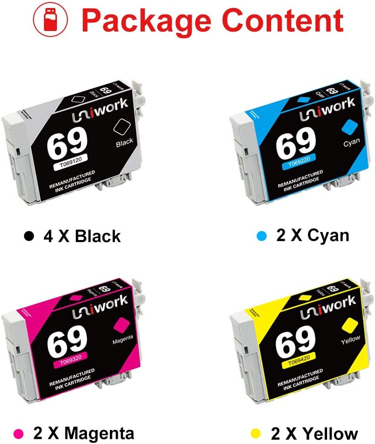 Uniwork Remanufactured Ink Cartridge Replacement for Epson 69 use for Stylus C120 CX5000 CX6000 CX8400 CX9400 NX215 NX305 NX400 NX410 NX415 NX515 Workforce 30 40 600 610 615 1100 1300 Printer, 10 Pack