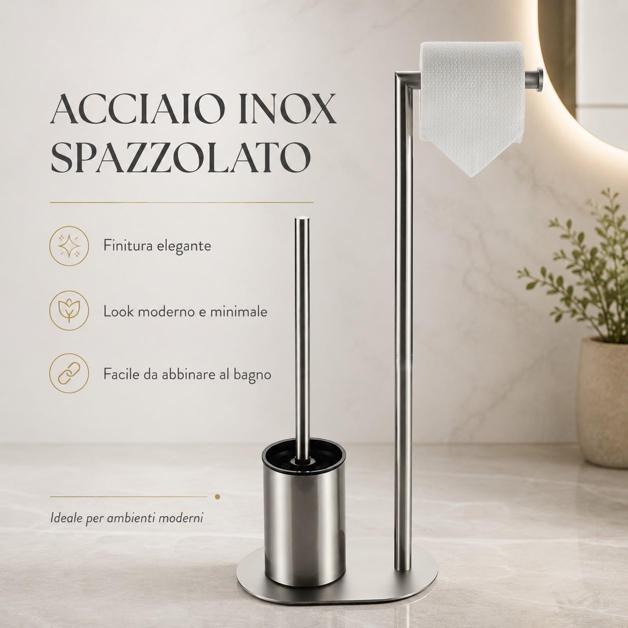 Piantana Bagno Portarotolo e Scopino WC da Terra in Acciaio Inox Spazzolato, Porta Carta Igienica Salvaspazio con Scopino per Bagno Moderno, Supporto Autoportante per Toilette
