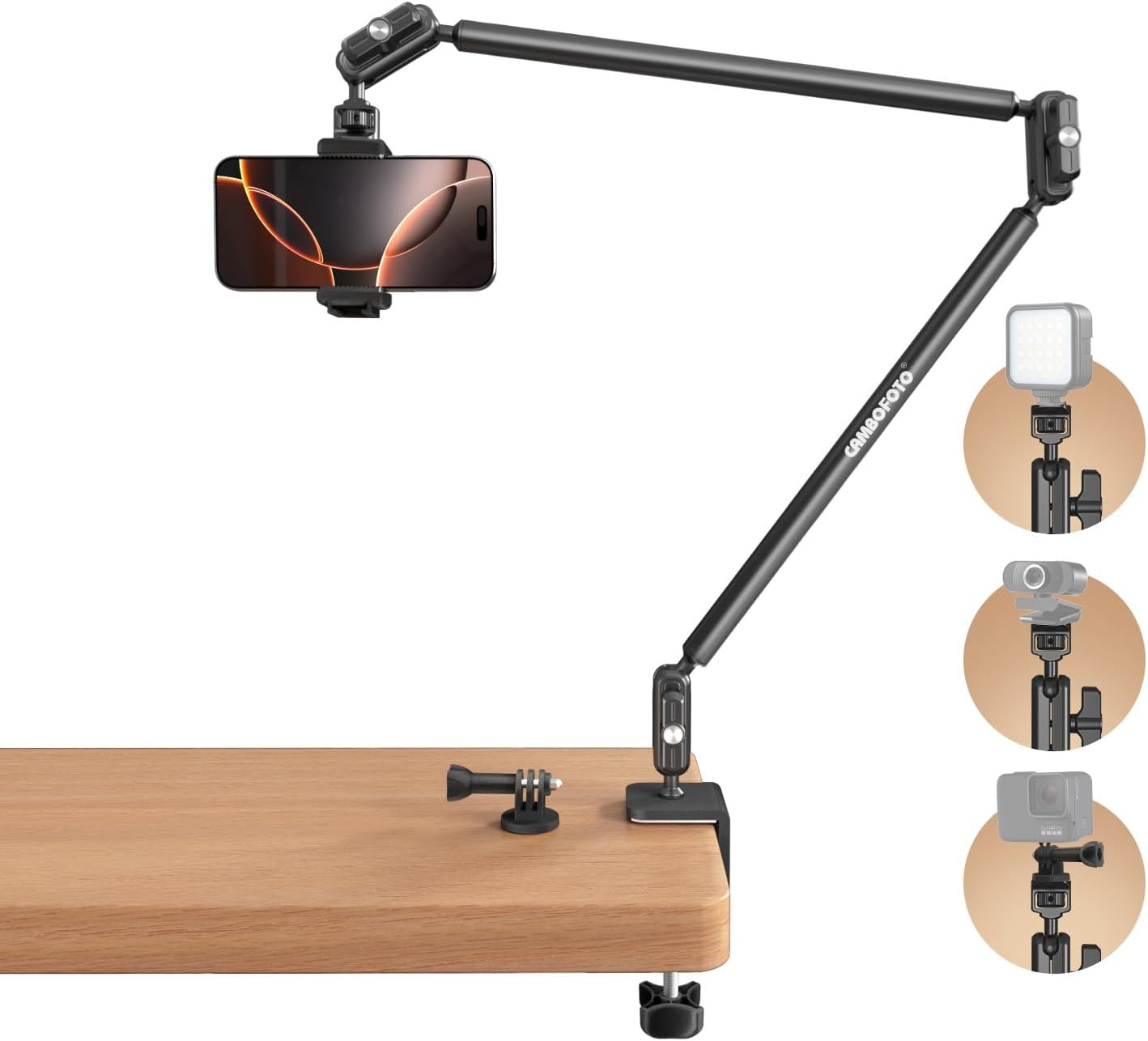 CAMBOFOTO 33" Magic Arm w Desk Clamp, Overhead Camera Mount, Desk Phone Mount, Articulating Extra-Long Friction Boom Arm w 1/4" Screw, for Phone, Mic, Light, Webcams, Action Camera (Light Black)