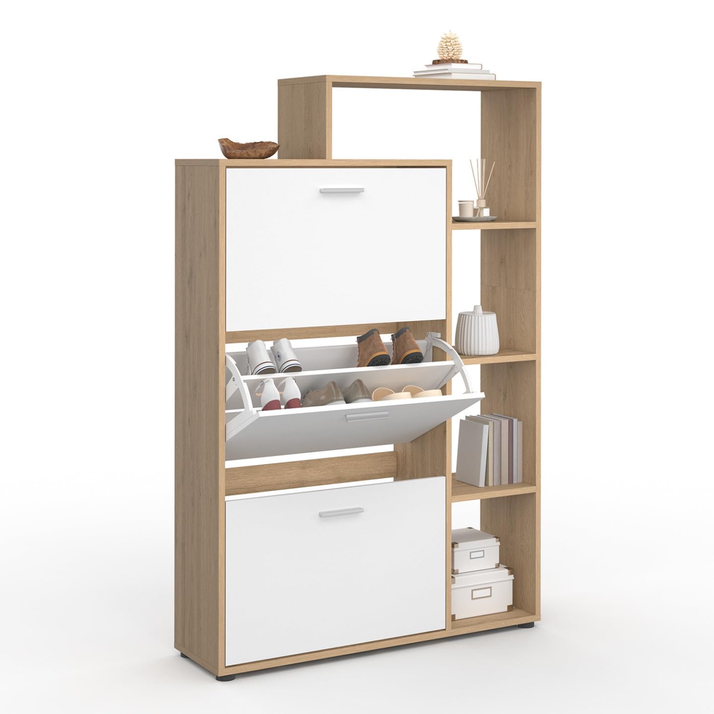 IDMarket KLARK - Zapatero, imitación de haya, 3 puertas blancas, con estante