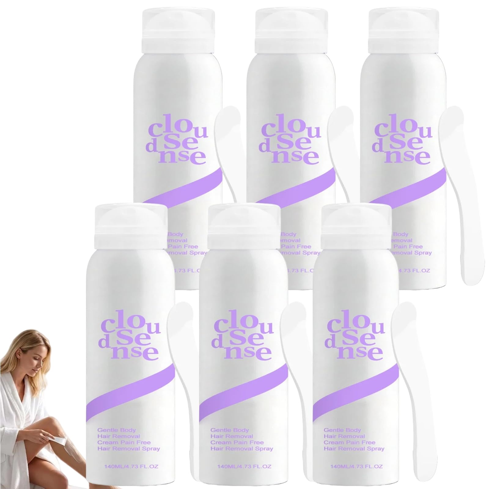 Cloud Sense bezbolesny krem do depilacji z aloesem i kwasem hialuronowym, nawilżający i pielęgnujący do wszystkich rodzajów skóry, spray do depilacji ze szpatułką, składniki przyjazne dla skóry (6 szt