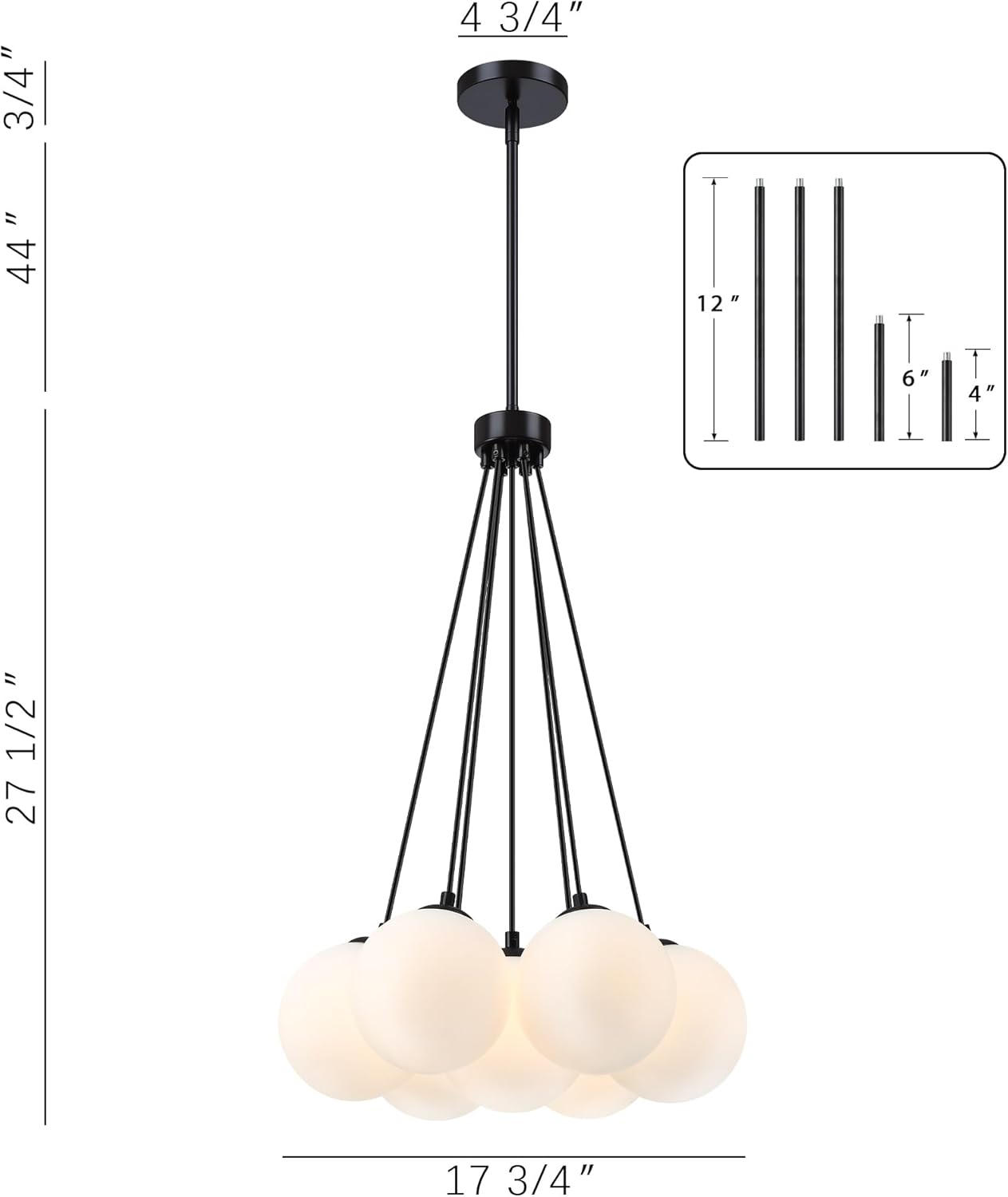 MEXO Modern Sputnik Glass Chandelier,Opal White Globe Pendant Light, Black Sputnik Bubble Glass Ceiling Light Chandelier for Bedroom, Living Room & Dining Room