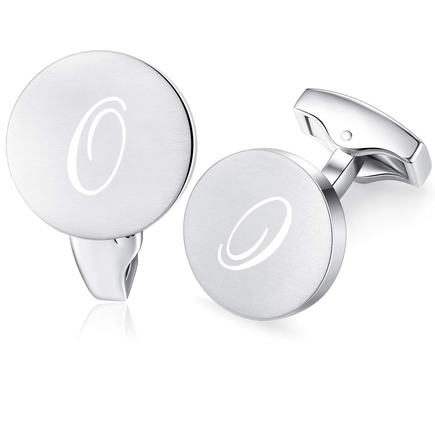 Honey Bear Men's Silver Initial Alphabet Letter Cufflinks For Round Shape Stainless Steel Wedding Business Gifts A - Z (O)
