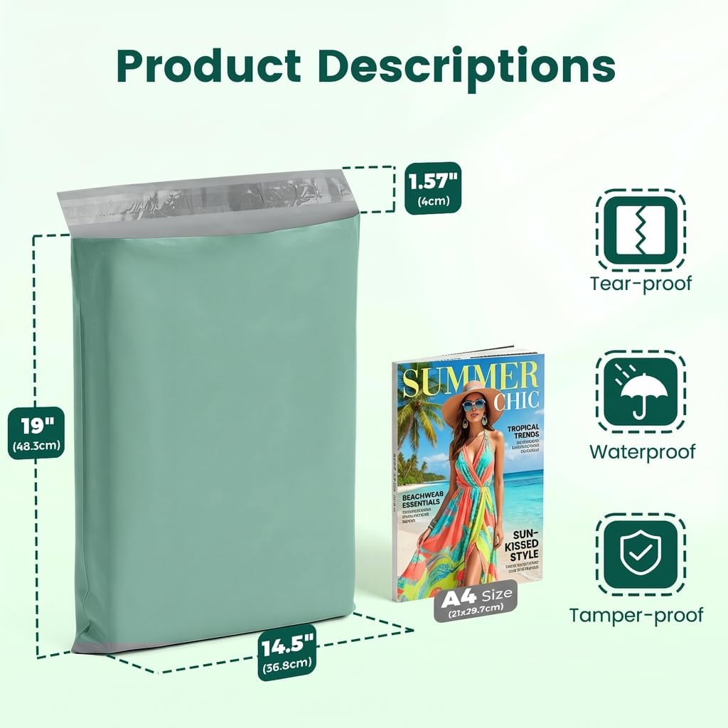 Metronic Poly Mailers 14.5x19 400PC, Large Poly Mailers for Small Business Self-Seal Shipping Bags for Clothing, Shipping Envelopes, Packaging Bags, Mailing Poly Bags，Grayed Jade Green