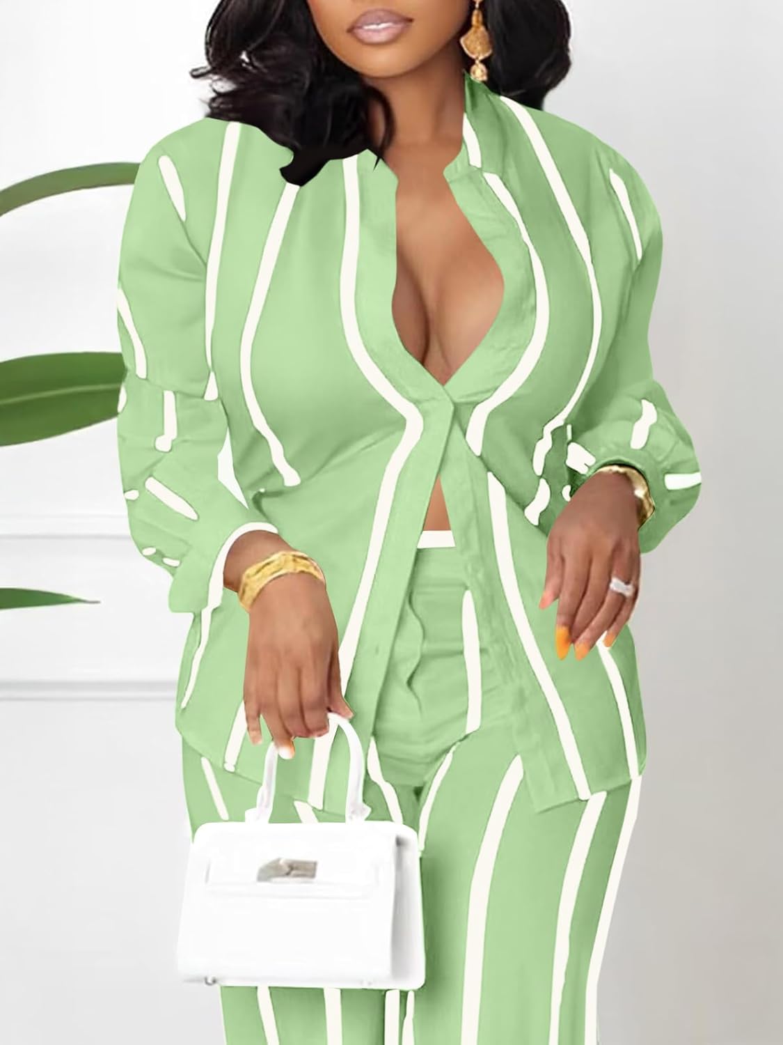 Remelon Women's Casual Two Piece Outfits Striped Long Sleeve Collar Button Down Shirt Blouse High Waist Wide Leg Pants Sets - Image 2