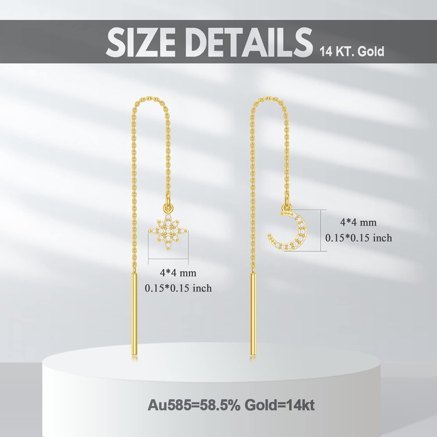 14K Gold Threader Earrings For Women, Solid Gold Moon And Star Dangle Pull Through Earrings Dainty Moon Star Chain Drop Earrings For Her Fine Jewelry Earrings Women