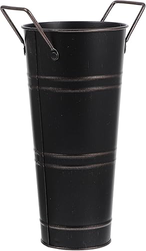 DECHOUS Jarrón de flores de metal para granja, jarrón de flores galvanizado con asa para decoración rústica del hogar, color negro