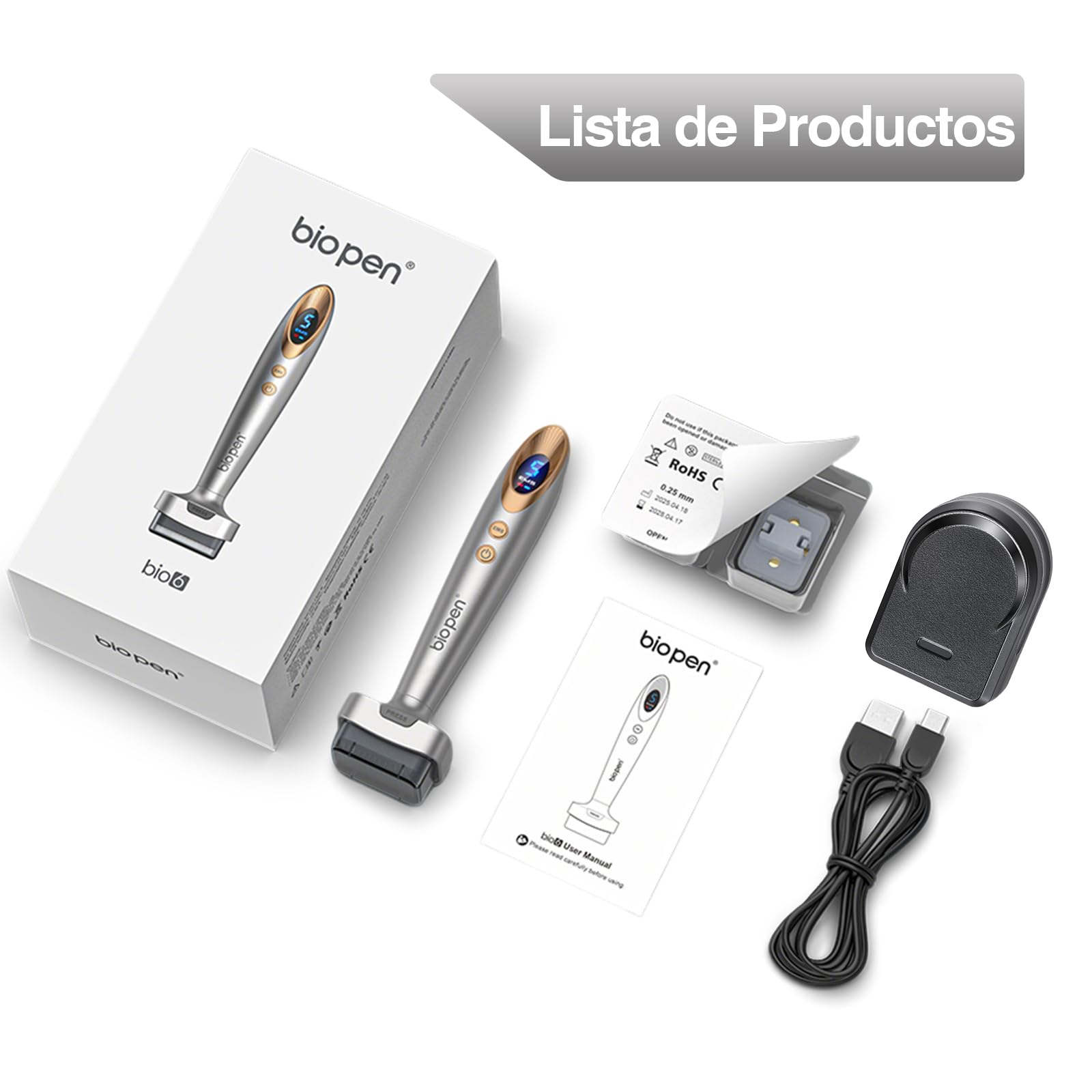 Biopen Derma Stamp 140 Pins, Microneedling + Vibración + Luz LED con 2 Cabezales Reemplazables (0,5 mm) para Cabello Debilitado/Crecimiento de la Barba/Cuidado Facial (Oro Blanco)