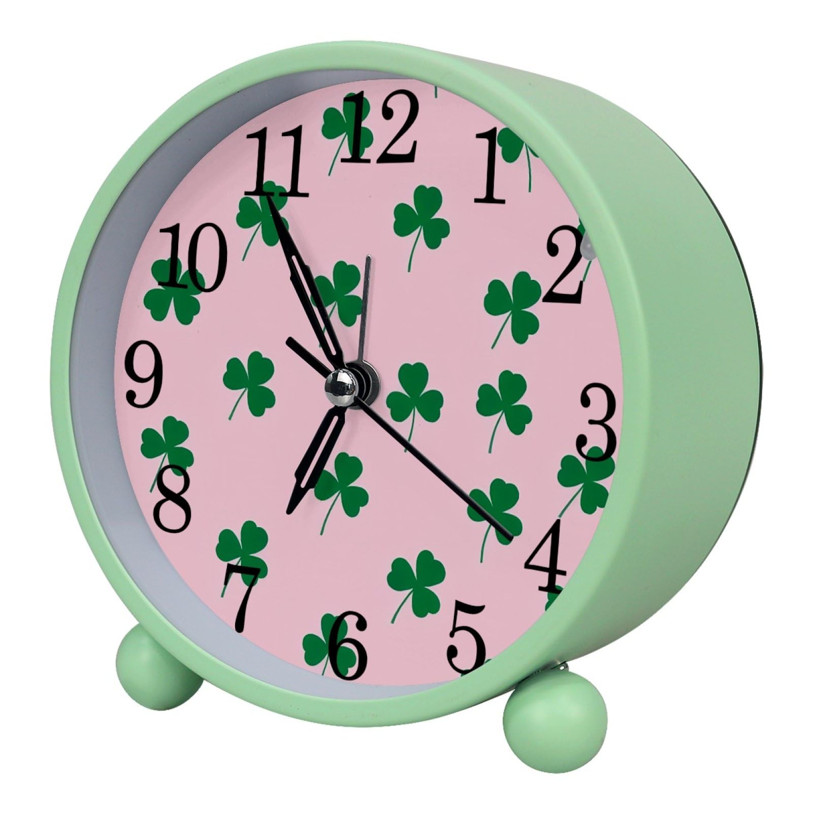 etoenbrc Shamrock with Pink Background Round Battery Operated Bedside Alarm Clock Non-Ticking Desktop Silent Analog Alarm Clock with Light