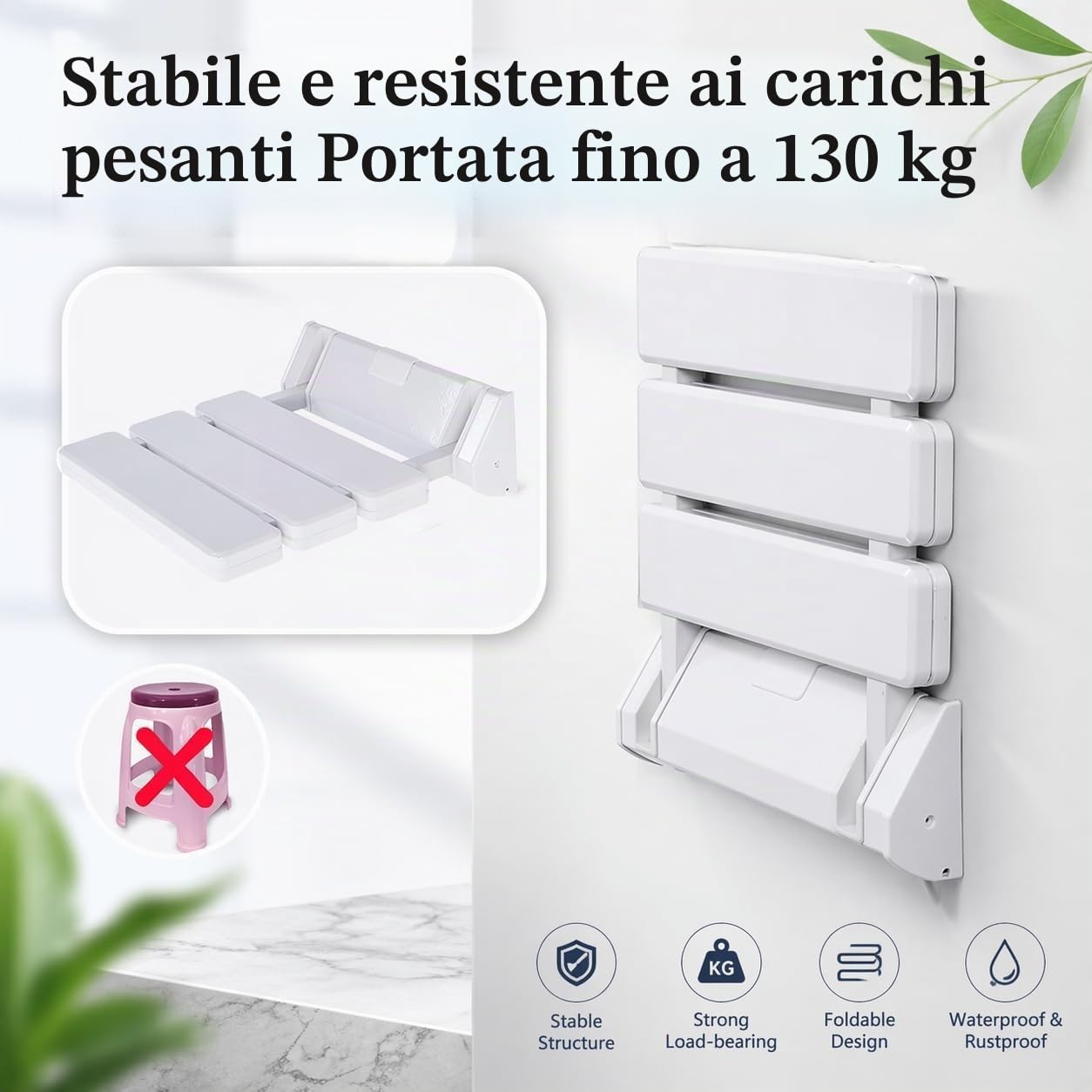 RMAN® Sedile Doccia di Carico 130kg Sgabello Doccia Plastica Sgabello Bagno Pieghevole Sedia Doccia per Anziani Sedile da Muro, Persone con Disabilità, Donne in Gravidanza, Bianco