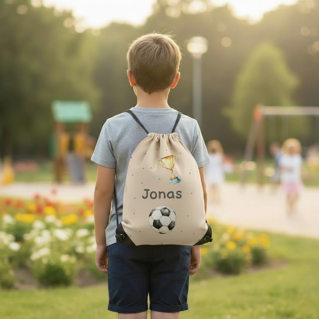 Turnbeutel mit Namen, Sporttasche Kinder, personalisierter Jutebeutel, Sportbeutel für Kita, Schule & Kindergarten (33x45cm) Stoffbeutel mit Kordelzug (Fußball) - 2