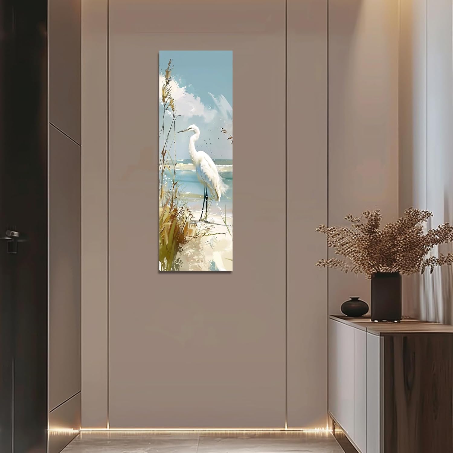 PBXBJY Heron Canvas Wall Art Coastal Crane Pictures White Heron Painting Prints Beach Reeds Poster Ocean Bird Artwork for Bathroom Living Room Home Decor (10.00" x 30.00")