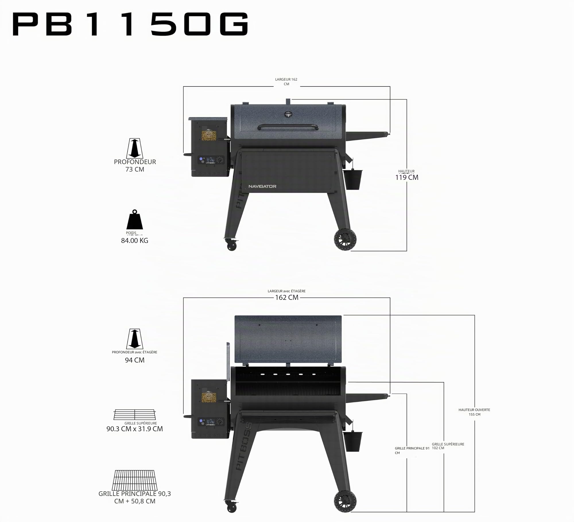PIT BOSS - Barbecue à Pellets Surface de Cuisson 90x50 cm 8 cuissons Gril/Fumoir Ecran numérique 162 x 94 x 119cm Navigator 1150