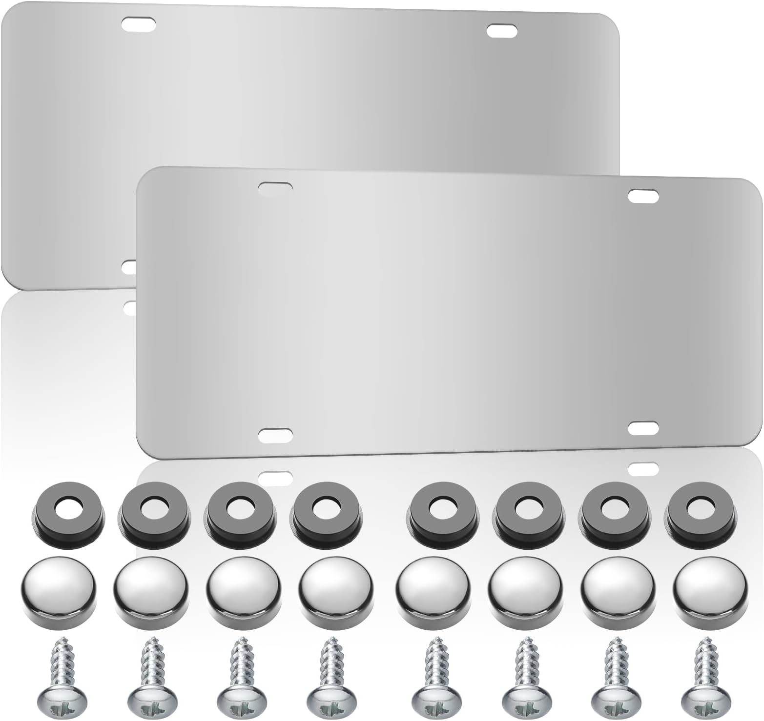 2 Pack Stainless Steel License Plate Backing 12'' x 6'' Silver Car Tag Holder with Screws & Caps Heavy Duty Metal Plate Rustproof Anti-Vibration Bending Protection Backing Reinforce Bracket