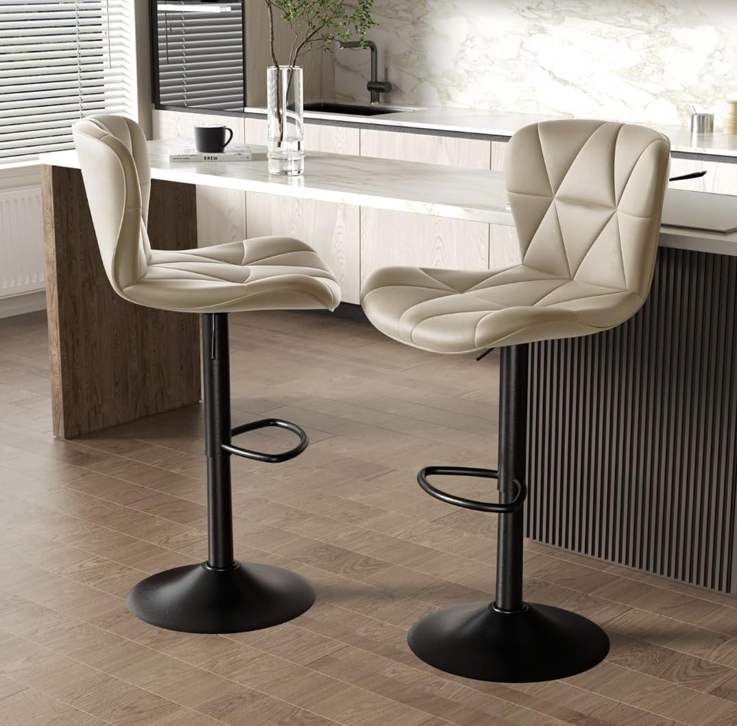 Set of 2 Bar Chairs PU Leather Counter Height Barstool with Back, Height Adjustable & 360 Degree Swivel Counter Chair (2, Light Beige)-image-3