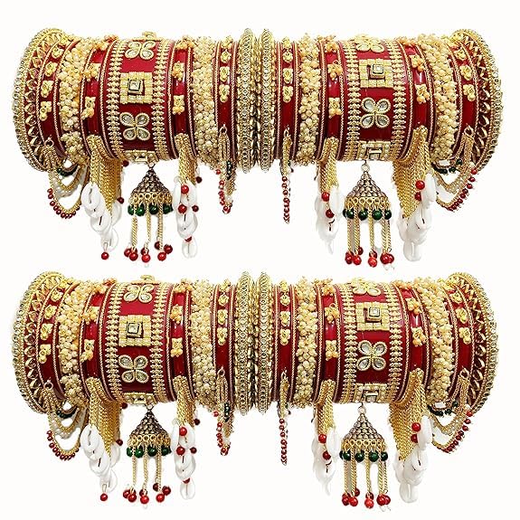 R j Enterprises Flower Design Bridal Chooda Set | Traditional Rajasthani Wedding Chuda |Kundan Bangles for Women (Red)