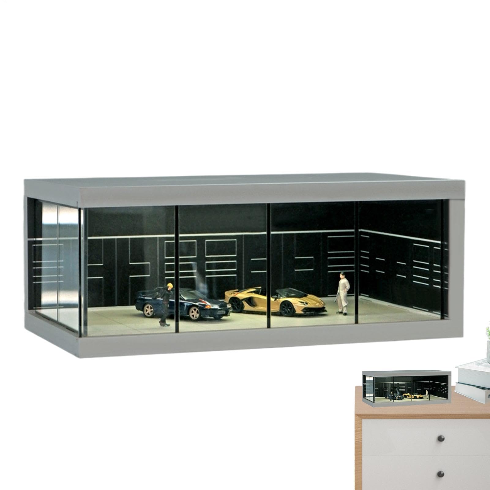 Caja Transparente para Coche de , Vitrina de Auto Modelo - Gabinete de Pantalla LED a Prueba de Polvo,Estacionamiento Realista, Organizador de Juguetes de vehículos apilables con luz para colec