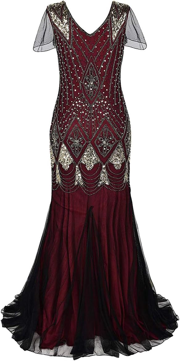 Women Vintage 1920s Gatsby Flapper Evening Party Dress V Neck Art Deco Sequins Mermaid Hem Cocktail Formal Long Maxi Gown - Image 4